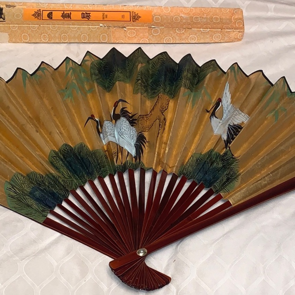 Ex Large Vintage  Chinese Hand Painted Folding Fan with Cranes